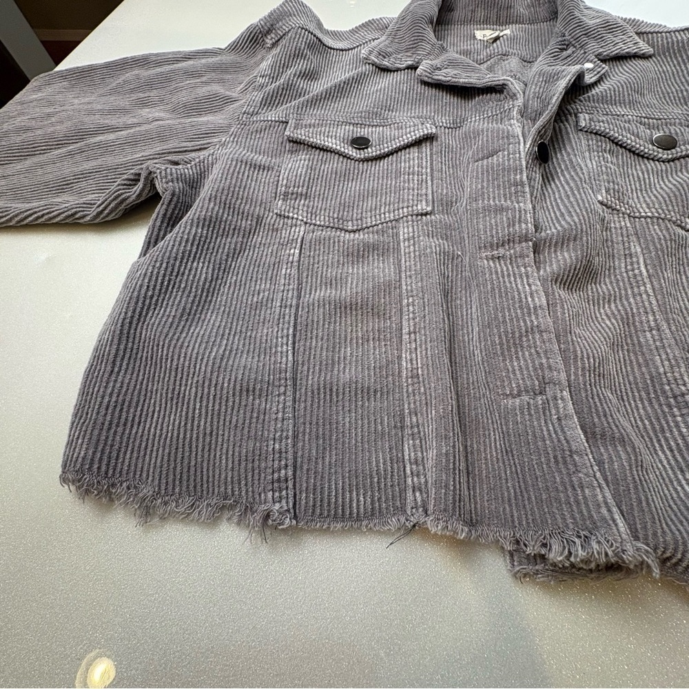 POL Heather Gray Corduroy Jacket Cropped Fringed Hem Oversized 100% Cotton - Picture 5 of 13